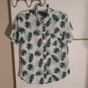 J.Crew shirt mens L slim blue green tropical hawaiian summer Flex Washed top